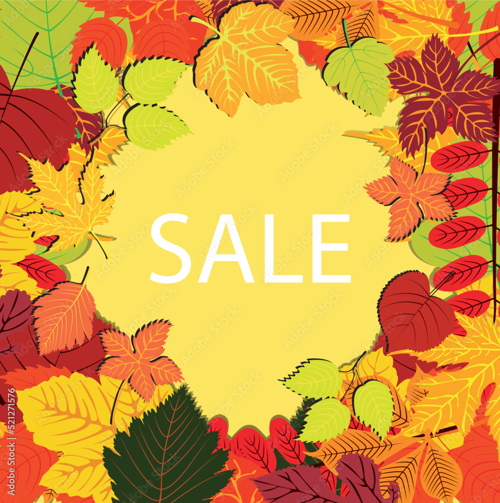 Autumn leaves banner. Autumn sale promo poster leaflet or web banner. Autumn cartoon style vector background with colorful leaves.Vector illustration of botanical leaves. EPS 10. 
