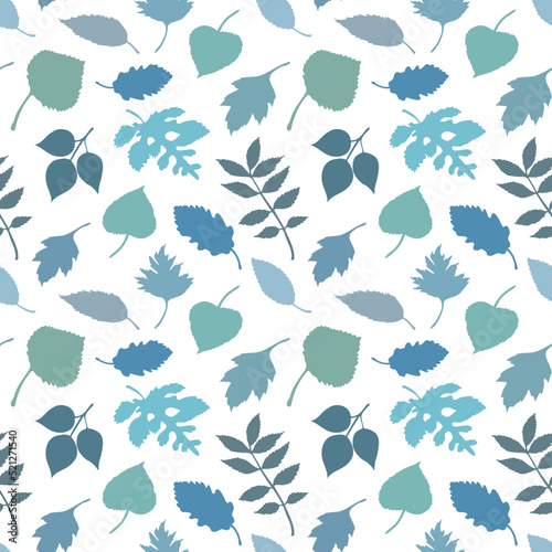 Vector fall leaves pattern in blue colors. Blue autumn leaves background. Seamless seasonal pattern.