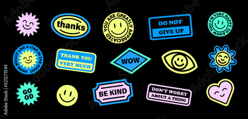 Trendy Patches Vector Design. Cool abstract background with smiley stickers, flowers and motivational quotes. Good Vibes, wow, be kind, don't worry Smile Badges.	
