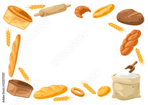 Frame with bread and all for baking. Image for bakeries and groceries. Healthy food.