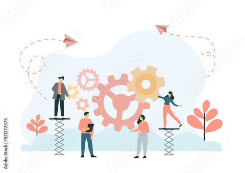 Flat Banner Inscription Team Building Cartoon. Men Spin Gear in General Mechanism. People Look at Work Others. Corporate Culture is Embedded in Management Company. Vector Illustration.
