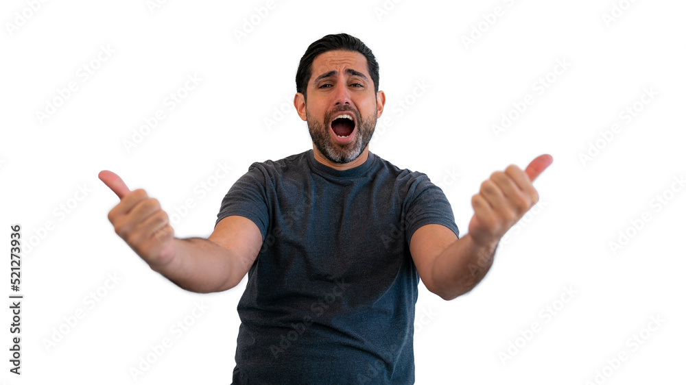 Fototapeta premium Caucasian man showing thumb up and standing on white background