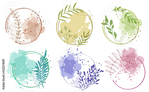 Colorful frames with vector plants and grasses. With leaves and organic shapes. Space for your own design. Minimalist style of hand drawn plants.