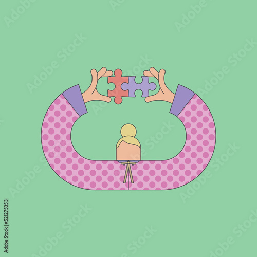 Woman with big arms assembling two puzzle pieces. Isolated vector illustration.