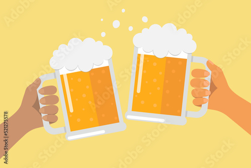 Concept Of Clink Beer With Two Hands. Cheers Vector Illustration In Flat Style