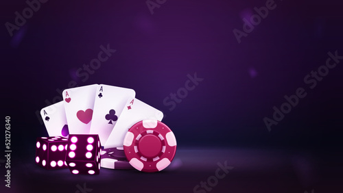 Purple dice with red and black casino chips and playing cards in purple blank scene