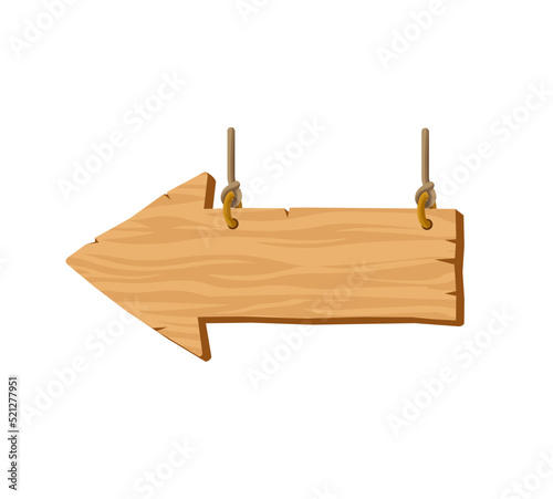 Wooden arrow hanging on the ropes. Blank Wooden signboard. Arrow showing to the left. Cartoon style vector guidepost illustration. Rough wooden shape on the ropes. Brick