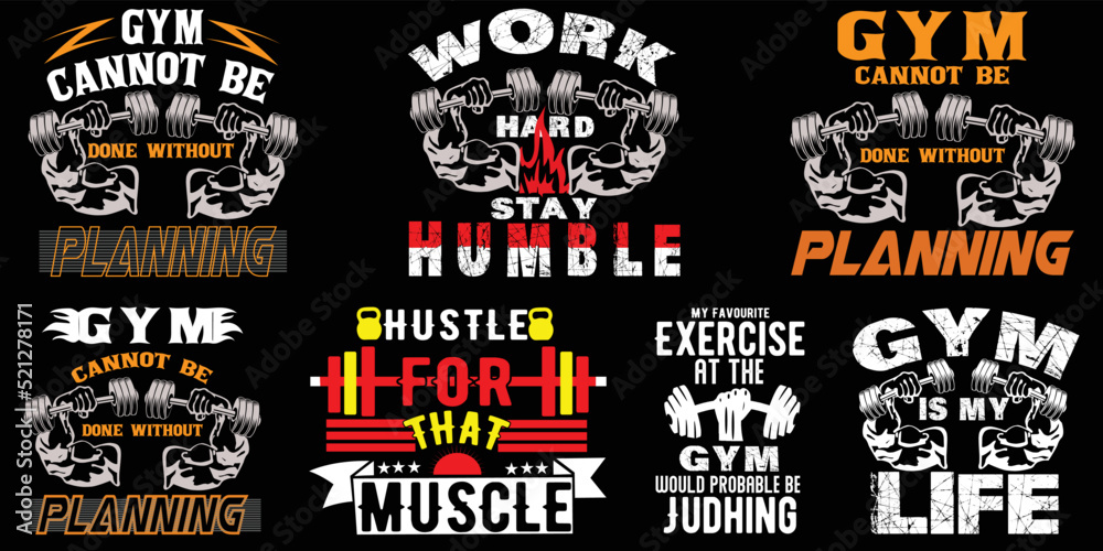 Gym repeat typography t-shirt design, Train hard emblem, Vector illustration