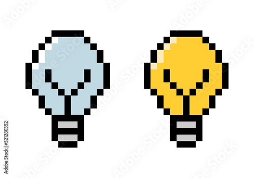 Pixel colored lamps vector isolated on white background. Pixel Light bulbs in pixel style. On and off bulbs.