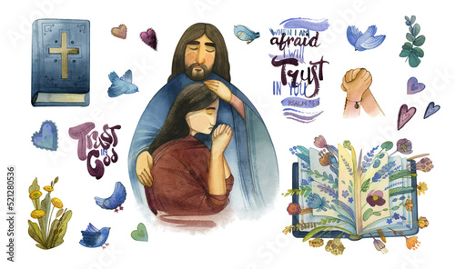 Cuadro en lienzo A set of isolated watercolor elements Trust in God in white background