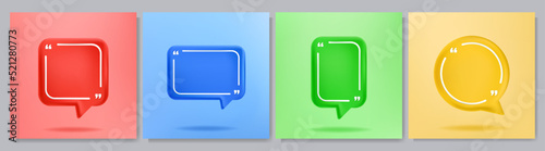 Vector illustration. 3d minimalist banners set. Quote frames blank template for text. Isolated textbox. Citation empty speech bubbles. Color web background. Design elements for social media template