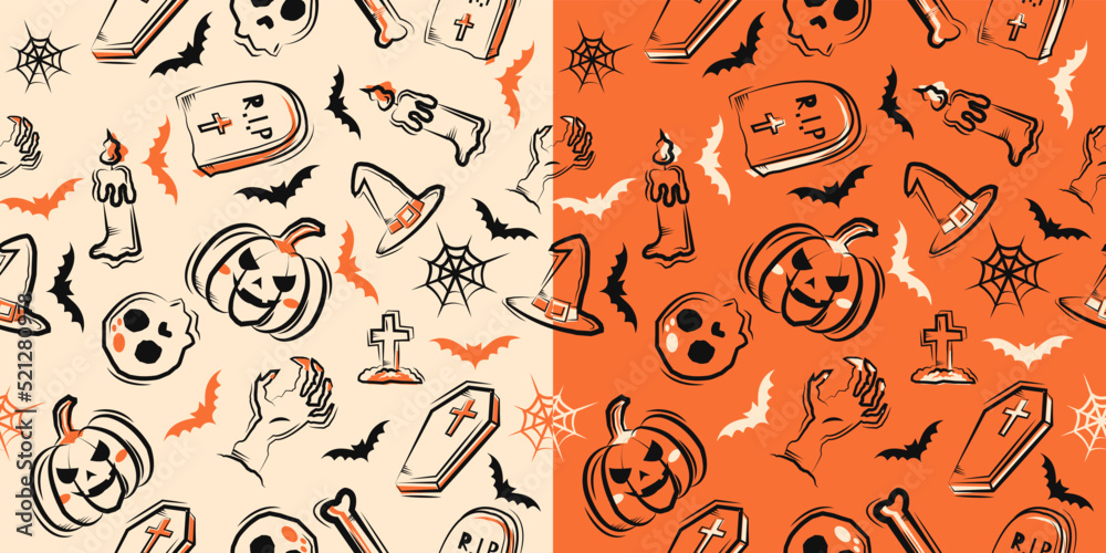 Doodle seamless pattern Halloween with skull, pumpkin and other vector Doodle seamless pattern Halloween with skull, pumpkin and other vector