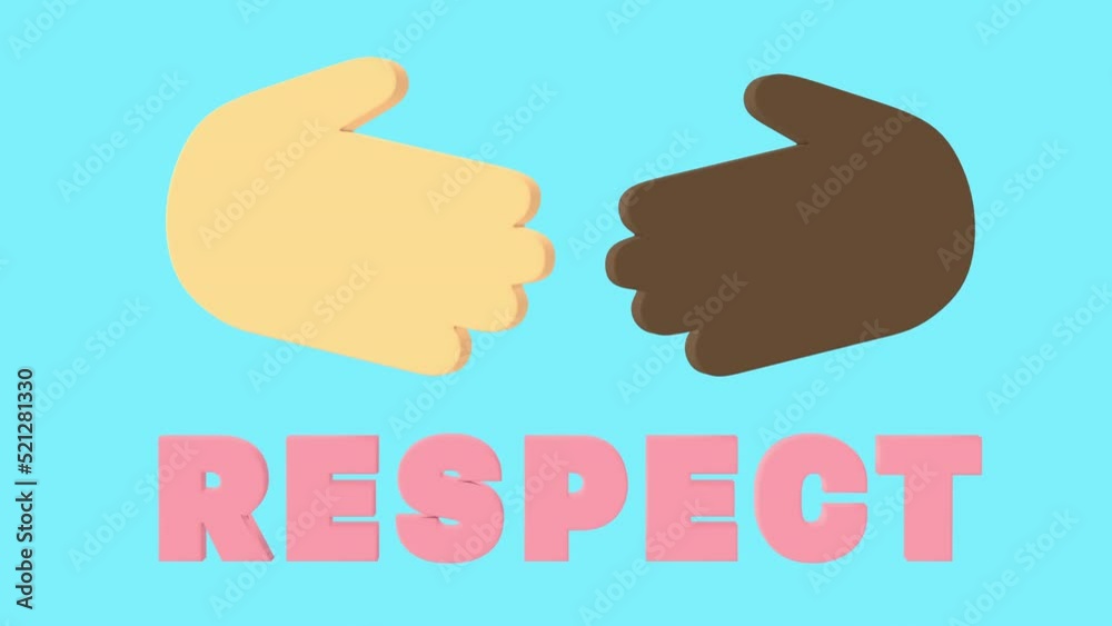 Two hands of different colors, one white, other dark-skinned, before shaking hands. Graphic animation that encourages mutual respect. At bottom is respect. Two hands of different colors, one white, other dark-skinned, before shaking hands. Graphic animation that encourages mutual respect. At bottom is respect.