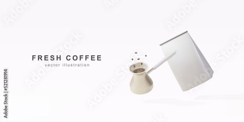 3d banner with realistic  golds Turku, package for coffee and coffee beans on. Vector illustration.