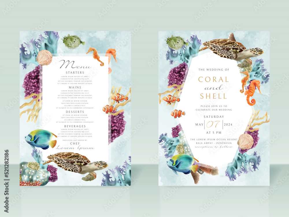 Wedding invitation card with under sea illustration