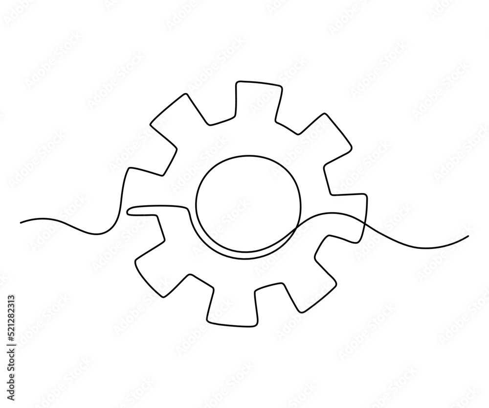 Gear wheel in motion symbol technology, continuous one line drawing. Moving cog gear mechanism for business work concept. Contour single outline. Vector illustration Gear wheel in motion symbol technology, continuous one line drawing. Moving cog gear mechanism for business work concept. Contour single outline. Vector illustration