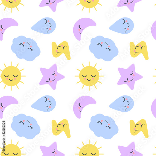 Sleepy nature weather kid pattern with cute face toy sun, moon month, star, cloud, drop and lightning for baby design. Seamless background for childish fabric, textile, print sign. Kids sleep. Vector