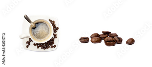 Cup of coffee and coffee beans isolated on white background