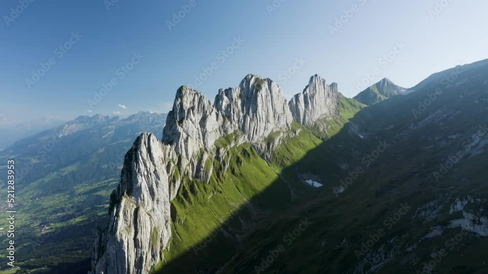 Aerial view of a mountain peak on Swiss Alps, Sax, St. Gallen, Switzerland.