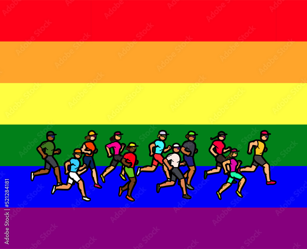 A group of diverse multi-ethnic athletes running marathon on gay rainbow flag