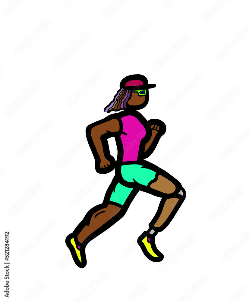 A disability Black African American woman with a prosthetic leg running marathon exercise A disability Black African American woman with a prosthetic leg running marathon exercise