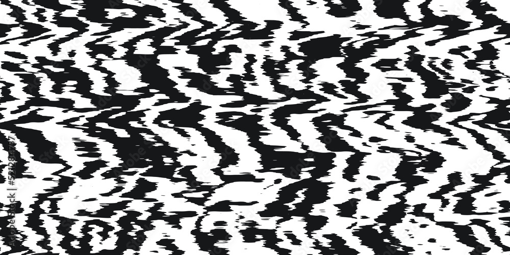 Seamless tiger stripe fur or zebra skin pattern. Tileable black and white safari wildlife animal print background texture. Monochrome warbled abstract wavy wonky abstract glitch lines motif..