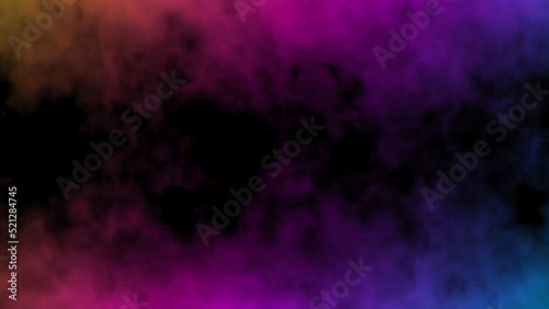 Abstract background with smoke frame illuminated by multicolored neon light. Space bright fume. Colorful magic steam on a black background. Smoke fantasy pattern. 