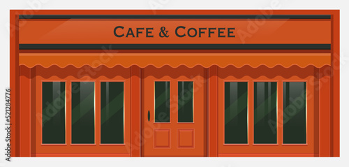 Building coffee shop and cafe. Orange facade building with shiny glass