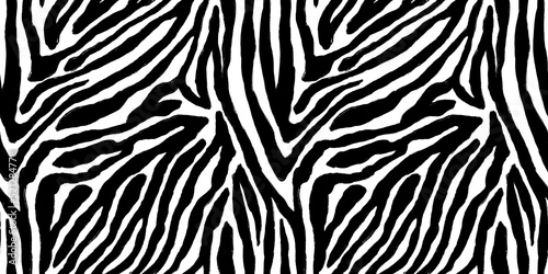 Seamless hand painted zebra skin stripe pattern. Tileable black and white african safari wildlife animal print background texture. Monochrome bold abstract wavy wonky jungle tiger lines motif..