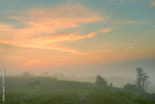 Serene landscape with a lake in the fog