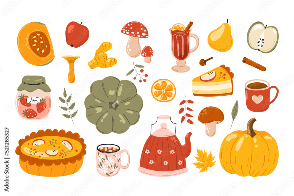 Vector set of autumn icons: pumpkin, falling leaves, cozy food, mushrooms and food. Scrapbook collection of fall season elements. Bright background for harvest time. Autumn greeting card Vector set of autumn icons: pumpkin, falling leaves, cozy food, mushrooms and food. Scrapbook collection of fall season elements. Bright background for harvest time. Autumn greeting card