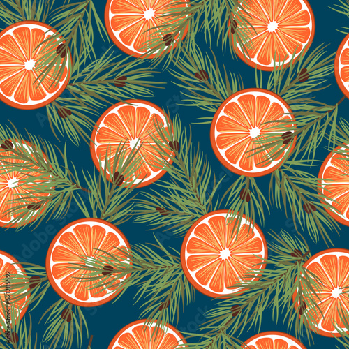 Christmas seamless pattern with green pine branches and bright orange slices on blue.Natural background and texture for printing on fabric and paper.Vector cartoon illustration for design card,poster.