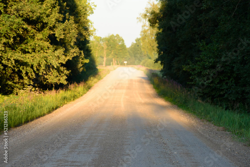 a beautiful dirt road in the evening sunset in the middle of summer