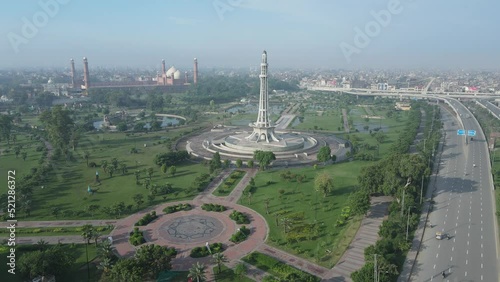 Drone flying towards Pakistan Monument in Lahore City. 