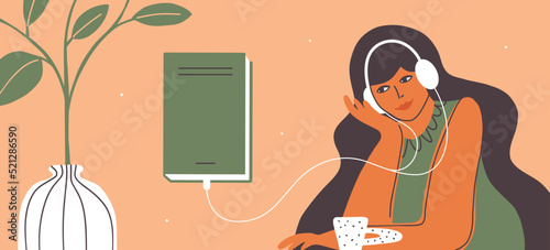 Audio book vector illustration. Young woman sitting at home listening audiobook. Female character listening to books headphones. Girl learning audio lesson. Online library, education, podcast concept