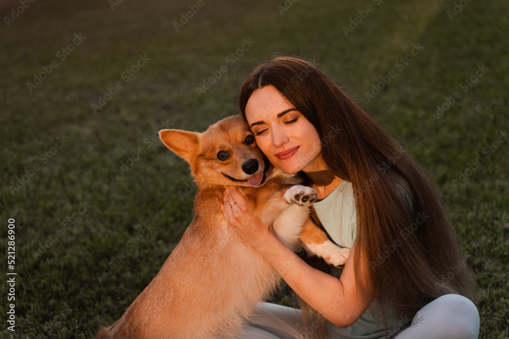Welsh Corgi Pembroke dog kiss his girl owner on the grass. Lifestyle with domestic playful pet. Young woman hug lovely Corgi dog and smile outdoor.