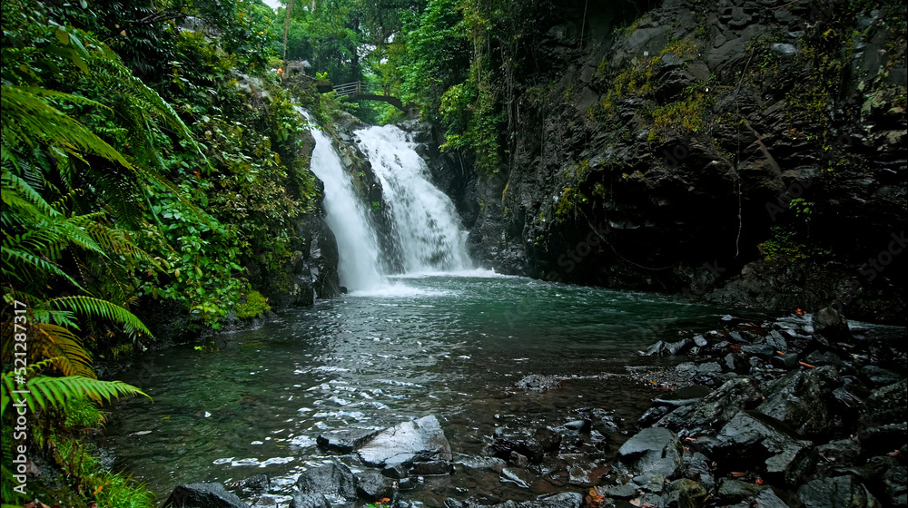 Fototapeta premium waterfall with rocks among tropical jungle with green plants and trees and water falling down