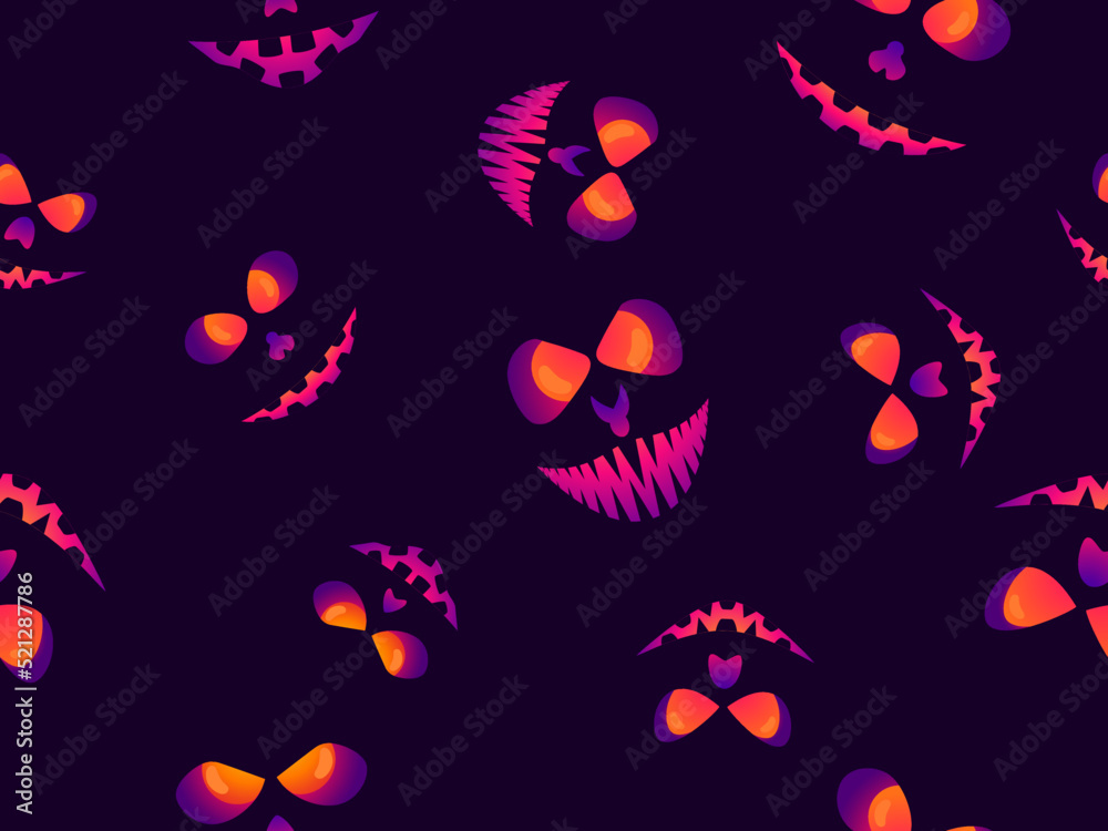 Obraz premium Scary face with glowing eyes seamless pattern. Evil scary eyes carved in a pumpkin. Halloween Jack O Lantern. Design for greeting card, banner and holiday invitations. Vector illustration