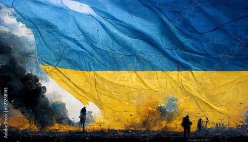 War Silhouette on Ukrainian Flag Illustration photo