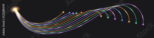 Fiber optic cables; fibre network technology. Colorful neon glowing light effect, impulse lines, yellow, blue,green and purple wave swirl. Flash thunder bolt. Vector illustration