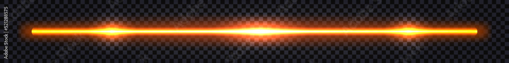 Yellow laser beam, glowing neon light effect. Straight ray line with flash shock and thunder bolt. Electric tube isolate. Vector illustration