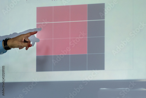 Index finger of outstretched hand on background of slide of squares on the screen