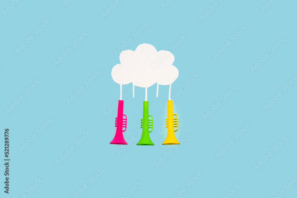 cloud as copy space from which colorful trumpets emerge, creative art minimal design, music background
cloud as copy space from which colorful trumpets emerge, creative art minimal design, music background