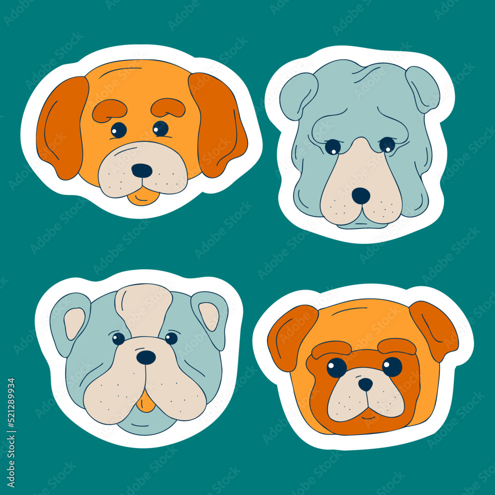 Cute dogs muzzle sticker set. Doodle color funny puppy faces. Dog heads. Different popular dog breeds. Cute dogs muzzle sticker set. Doodle color funny puppy faces. Dog heads. Different popular dog breeds.