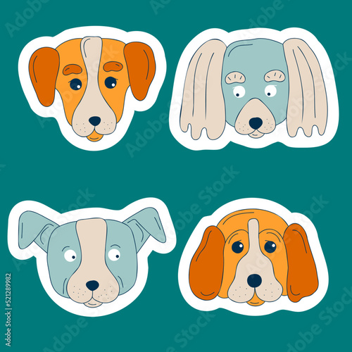 Cute dogs muzzle sticker set. Doodle color funny puppy faces. Dog heads. Different popular dog breeds.