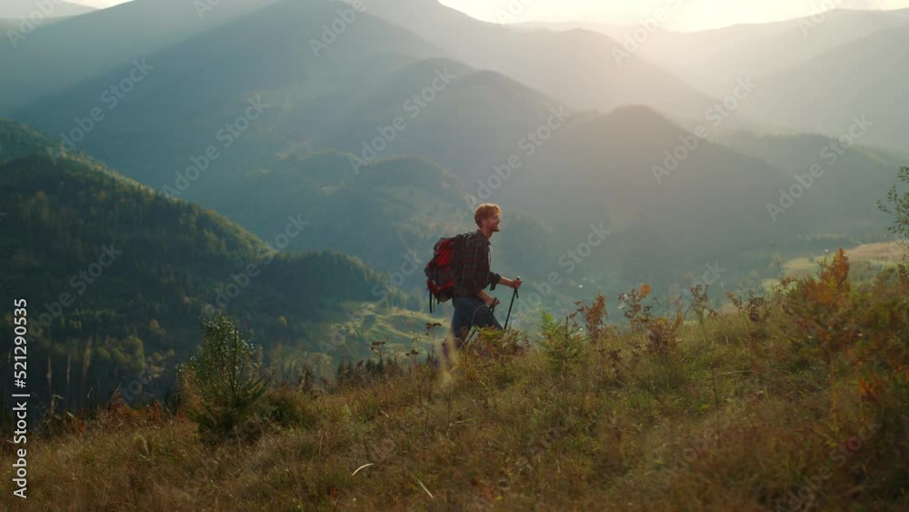 Hiking millennial enjoy picturesque nature sunrise in mountains green landscape.