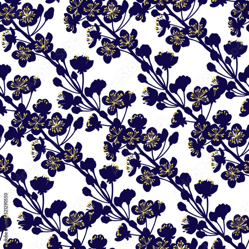 Seamless pattern with blossoming branches of apricot. Vector illustration. Floral silhouettes.  Perfect for design templates, wallpaper, wrapping, fabric and textile.