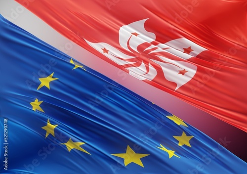 Photography Abstract Europe Flag, next to Hong-Kong Flag 3D Render(3D Artwork)