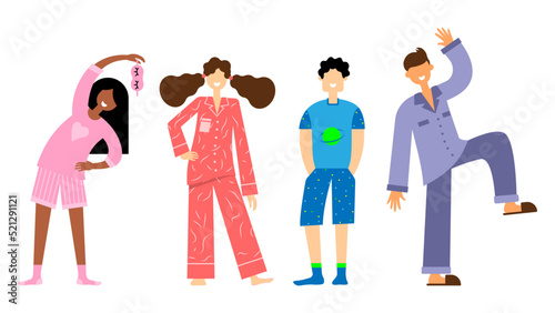 Vector illustration of happy children in pajamas. Cartoon scene with joyful girls and boys who are getting ready for bed.