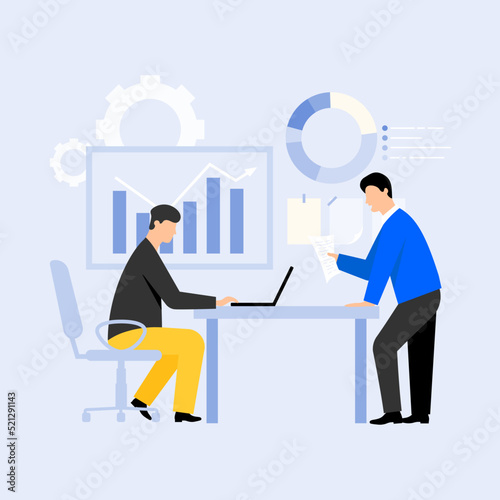 Vector illustration of business partners. Cartoon scene with businessmen that carry out graphical calculations on the profit of the company.